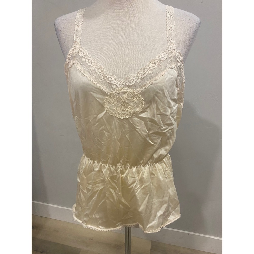Vintage 70s Cream Satin Lace Teddy Bodysuit Floral Trim Lingerie Cream
